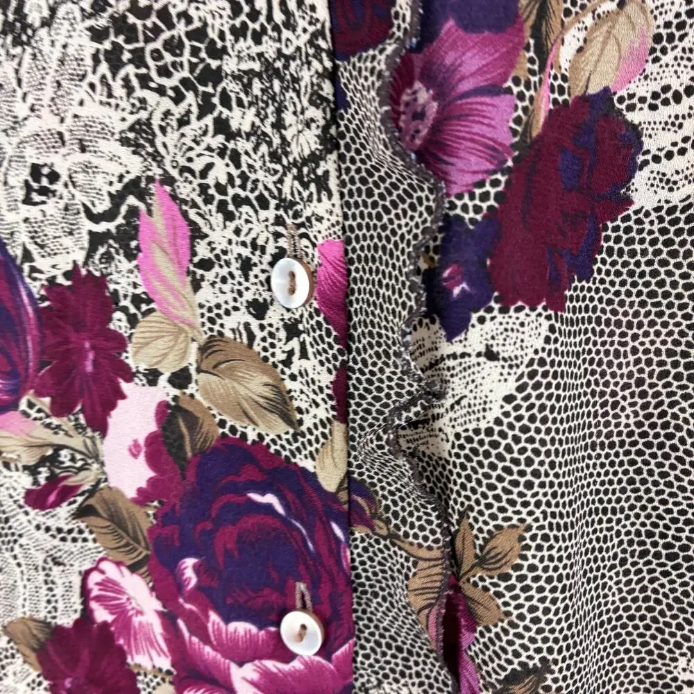 Vintage Notations Long Sleeve Button Up Blouse Women's Large Floral Lace Ruffle